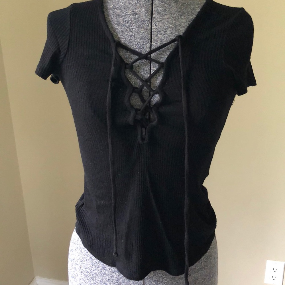 Urban Outfitters Black Ribbed Lace-Up T-Shirt